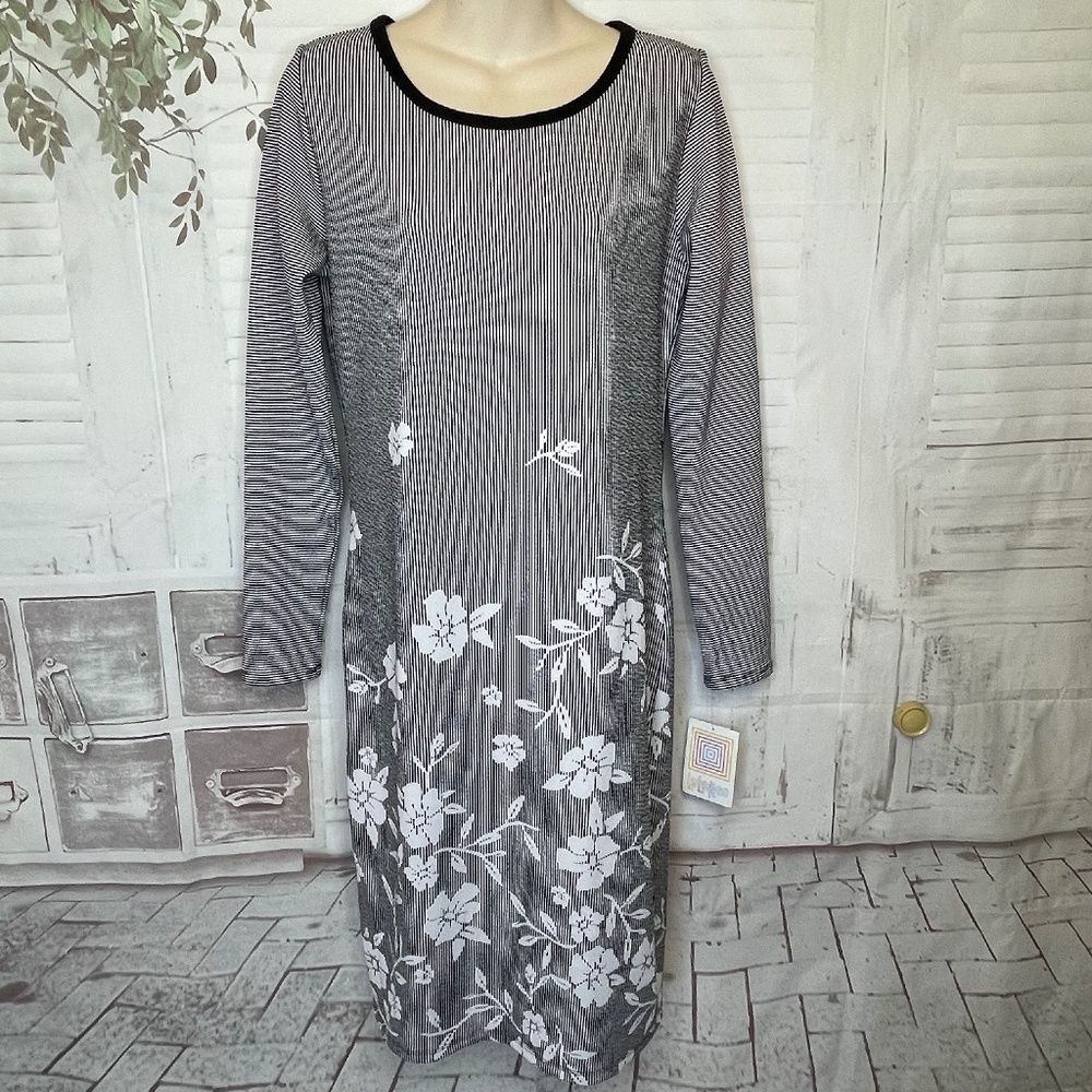 LuLaRoe Debbie Womens Black White Strip Floral LS Sheath Dress Sz. Medium M New